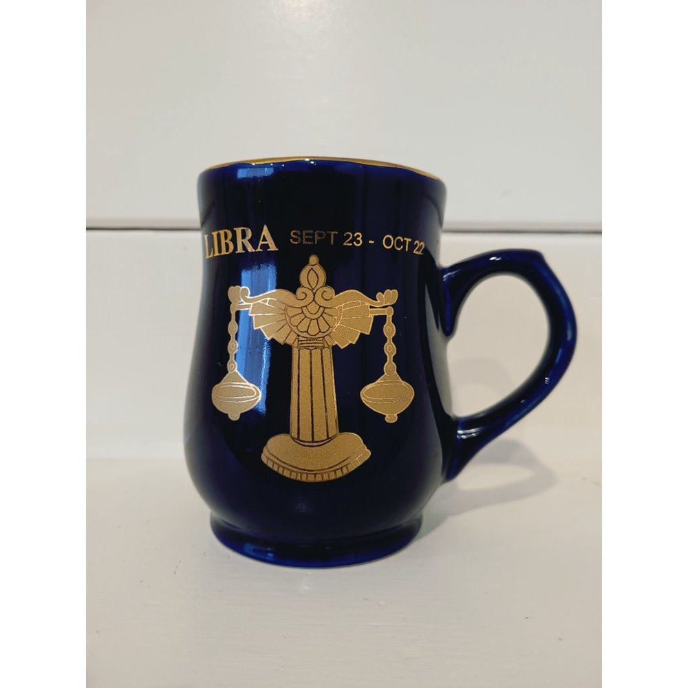 Vintage 90s Libra Astrology Sign Blue & Gold Zodiac Mug